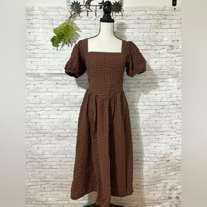 Japna Blue Brown Gingham Checkered Puff Sleeve Midi Dress